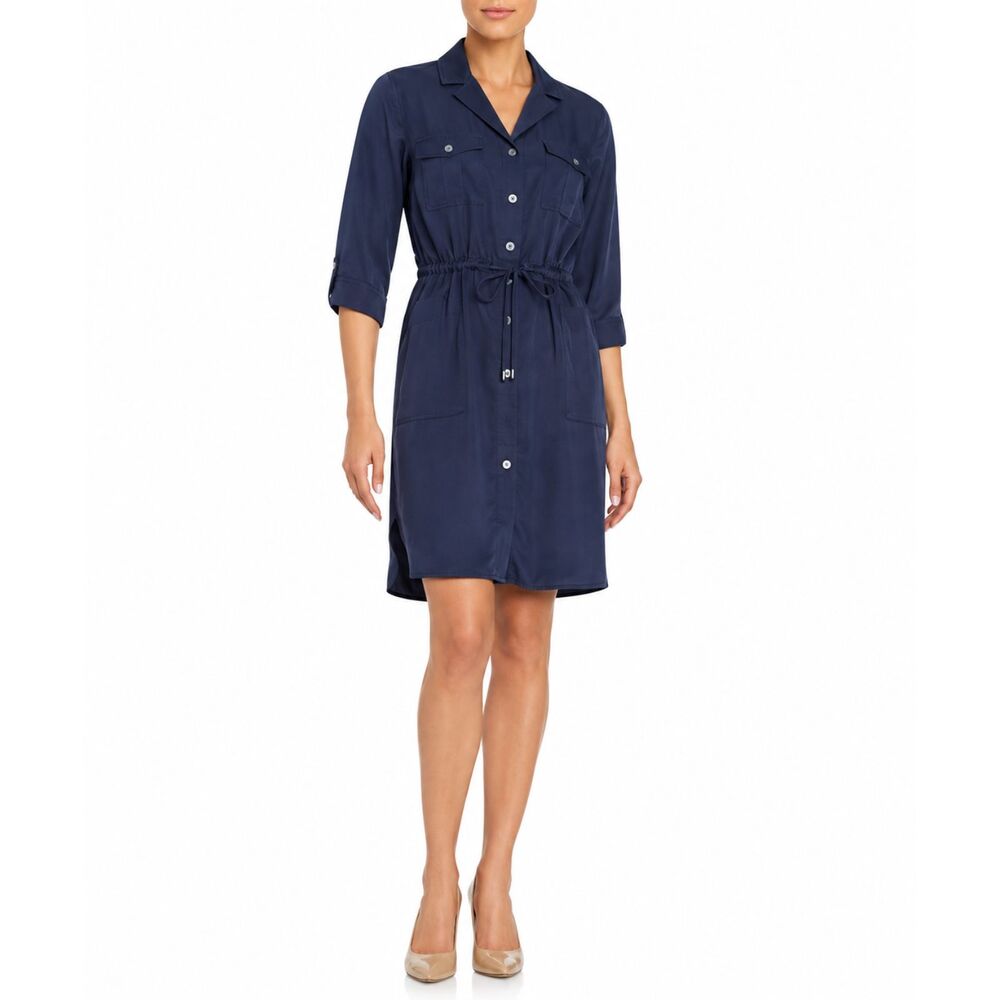 French Connection Dress Women's 2 Indigo Blue Lyocell Notched Lapel Drawstring